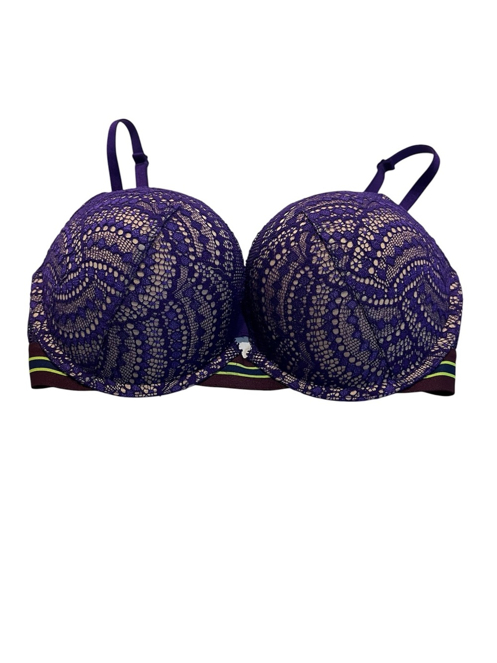 Victoria’s Secret Bombshell Plunge Purple Lace Bra 32D Neon Trim Sexy